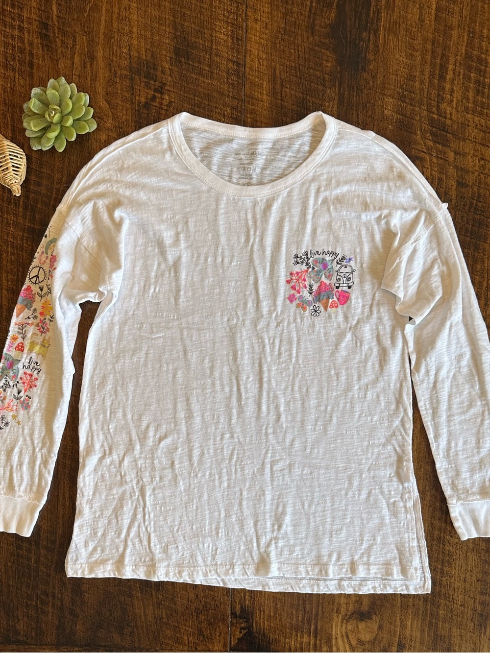 Natural Life | Oversized Cotton Doodle Tee Live Happy White Floral Long, Size XS - Picture 4 of 12